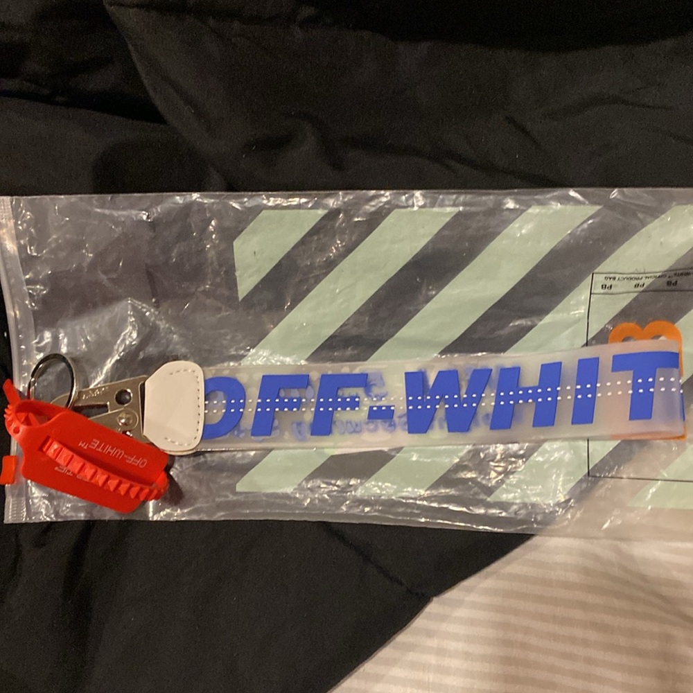 Blue off-white keychain lanyard in bag